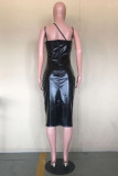 Black Sexy Solid Backless Slit V Neck Sling Dress