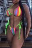 Rainbow Color Fashion Sexy Striped Print Backless Strap Design Swimwears