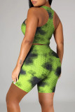 Fluorescent Green Fashion Casual Tie Dye Split Joint U Neck Sleeveless Two Pieces