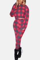 Red Fashion Casual Plaid Print Basic Zipper Collar Long Sleeve Two Pieces