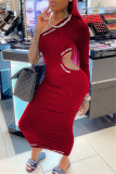 Burgundy Fashion Sexy Letter Hollowed Out Oblique Collar Long Sleeve Dresses