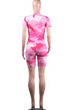 Red Polyester Fashion Active adult Ma'am Patchwork Print Camouflage Two Piece Suits Straight Short Sleeve Two Pieces