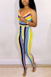 Black Sexy Striped Spaghetti Strap Regular Jumpsuits