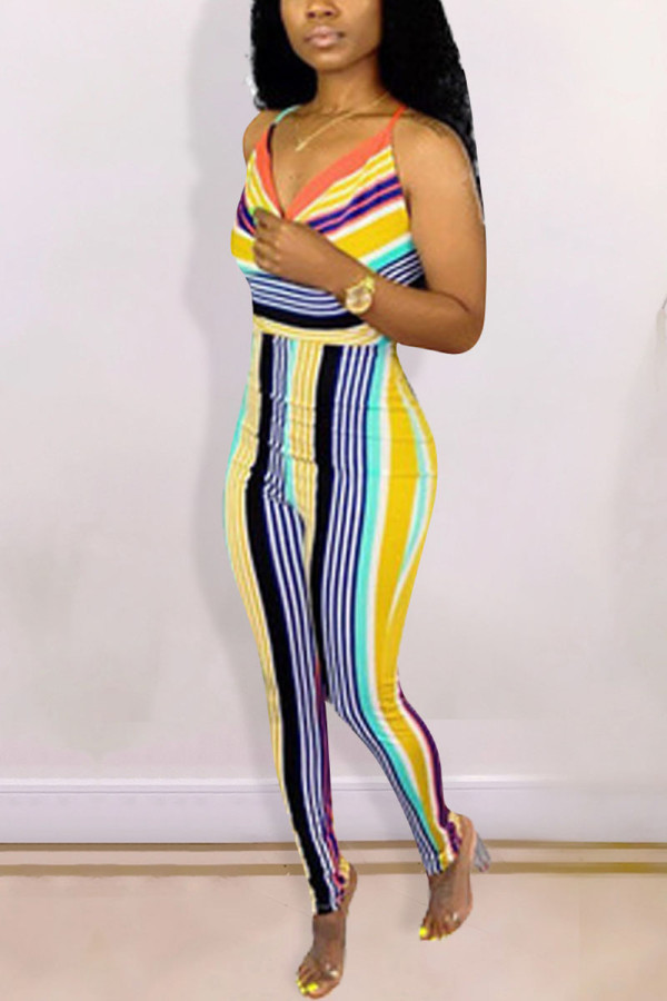 Black Sexy Striped Spaghetti Strap Regular Jumpsuits