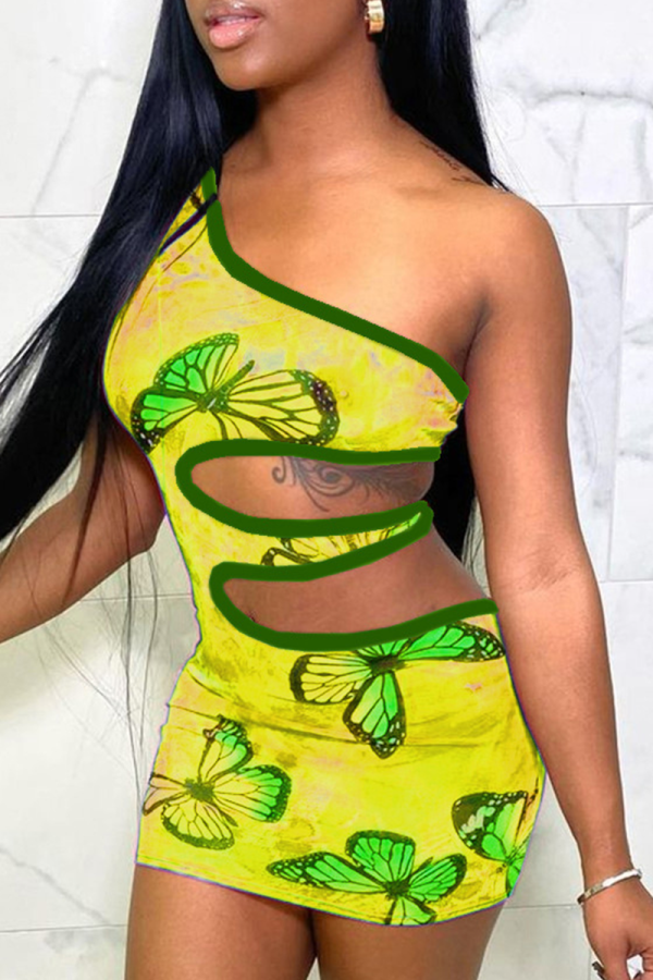 Fluorescent Green Sexy Print Hollowed Out One Shoulder Pencil Skirt Dresses