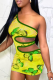 Fluorescent Green Sexy Print Hollowed Out One Shoulder Pencil Skirt Dresses