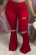 Wine Red Sexy Solid Ripped Boot Cut Mid Waist Speaker Bottoms