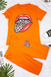 Orange Fashion Casual adult Patchwork Print Two Piece Suits Lips Print pencil Short Sleeve Two Pieces