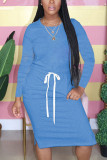 Blue Fashion Casual Adult Polyester Solid Split Joint Draw String O Neck Long Sleeve Knee Length T-shirt Dress Dresses