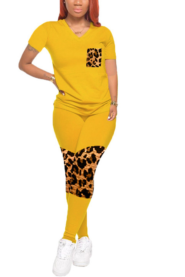 Yellow knit Casual Leopard Patchwork Print Fluorescent pencil Short Sleeve Two Pieces
