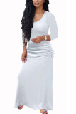 White Polyester Fashion adult Ma'am Sweet Cap Sleeve 3/4 Length Sleeves Square Swagger Floor-Length Solid Draped Dresses