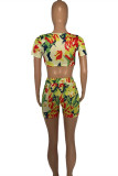 Multicolor Fashion Sexy Print Basic V Neck Short Sleeve Two Pieces