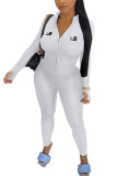 White Fashion Sportswear Adult Letter Embroidered Letter O Neck Skinny Jumpsuits