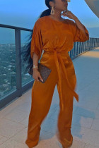 Orange Polyester Sexy Solid Loose Half Sleeve Two Pieces