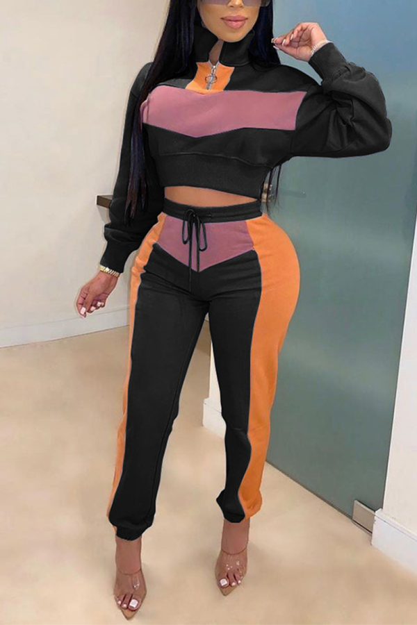 Black Street Patchwork Turtleneck Long Sleeve Two Pieces