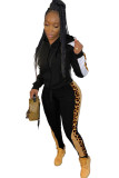 Black Casual Leopard Print Two Piece Suits Patchwork pencil Long Sleeve
