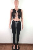 Black Sexy Polyester Solid Split Joint Sleeveless Short Two Pieces