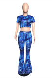 Blue Fashion Casual Print Basic O Neck Short Sleeve Two Pieces