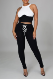 Black Sexy Color Block Patchwork O Neck Sleeveless Two Pieces