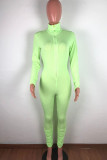 Light Green Fashion Casual Solid zipper Polyester Long Sleeve O Neck Jumpsuits