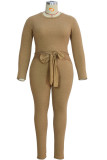 Khaki Polyester Fashion adult Ma'am OL O Neck Solid Two Piece Suits Plus Size