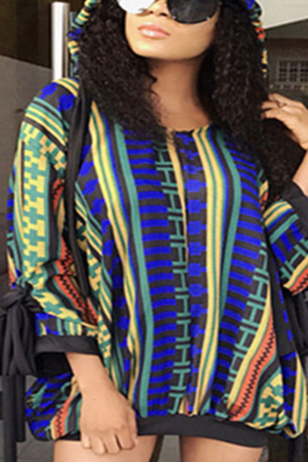 Multicolor Sportswear Print Patchwork Frenulum Hooded Collar Dresses
