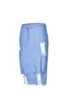 Dark Blue Denim Elastic Fly High Solid Hole Hip skirt Bottoms