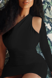 Black Sexy Solid Hollowed Out One Shoulder Wrapped Skirt Dresses