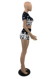 Black And White Fashion Casual Print Basic O Neck Short Sleeve Two Pieces