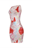 Rose Red Fashion Sexy Print Basic V Neck Pencil Dresses