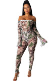 Green Sexy Two Piece Suits Print pencil Long Sleeve