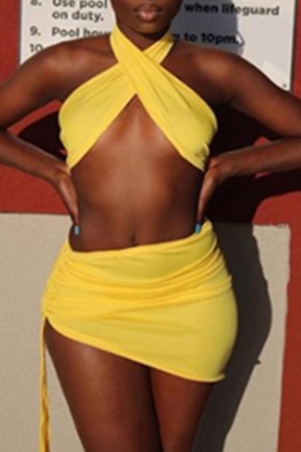 Yellow Sexy Solid Hollowed Out Halter Sleeveless Two Pieces