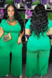 Grass Green Polyester Fashion Sexy adult O Neck Patchwork Solid Stitching Plus Size