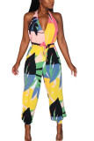 Yellow Fashion Sexy Print Backless Polyester Sleeveless V Neck Jumpsuits