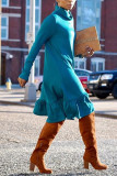 Sky Blue Street Solid Patchwork Turtleneck Dresses