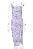 Purple Print Backless High Opening Spaghetti Strap Straight Dresses