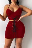 Blue Solid Draw String Spaghetti Strap Sleeveless Two Pieces