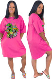 Black Fashion Casual adult Ma'am Black Pink Yellow Cap Sleeve Half Sleeves O neck A-Line Knee-Length Print Dresses