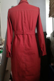 Red Polyester Sexy Fashion adult Cap Sleeve Long Sleeves Notched Straight Knee-Length Solid Patchwork ba