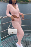 Pink Polyester Fashion adult Europe and America Ma'am Patchwork Solid Two Piece Suits pencil Long Sleeve Two Pieces