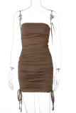 Coffee Sexy Solid Patchwork Draw String Strapless Pencil Skirt Dresses
