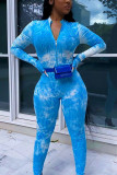 Blue Sexy Polyester Spandex Print Split Joint Tie-dye O Neck Skinny Jumpsuits