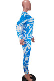 Blue Fashion Sexy adult Ma'am Print Two Piece Suits pencil Long Sleeve Two Pieces