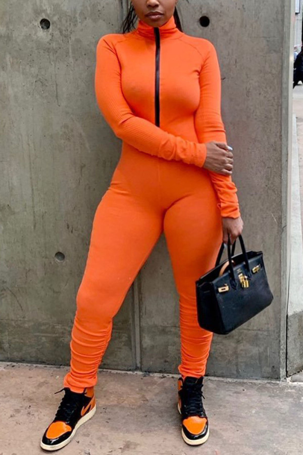 Orange Casual Polyester Spandex Pit Article Fabrics Solid Fold Pants Zipper Collar Skinny Jumpsuits