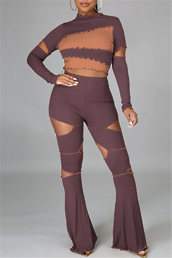 Purplish Red Fashion Casual Patchwork Ripped O Neck Long Sleeve Two Pieces