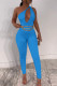 Blue Fashion Sexy Solid Hollowed Out Oblique Collar Skinny Jumpsuits