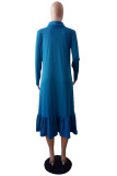 Sky Blue Street Solid Patchwork Turtleneck Dresses