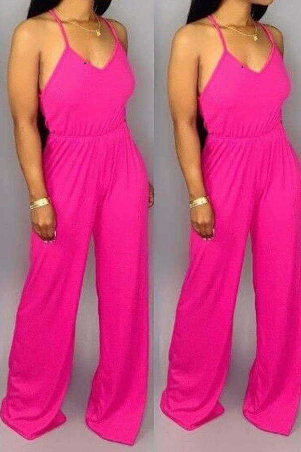 rose red Fashion Casual Solid Asymmetrical Sleeveless Slip Jumpsuits