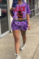 purple Polyester Fashion Casual Letter Patchwork Print Tie Dye Two Piece Suits pencil Short Sleeve Two Pieces
