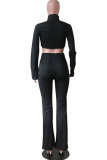 Black Polyester Elastic Fly Long Sleeve Mid Hole Bow-knot Patchwork Boot Cut Pants Two-piece suit